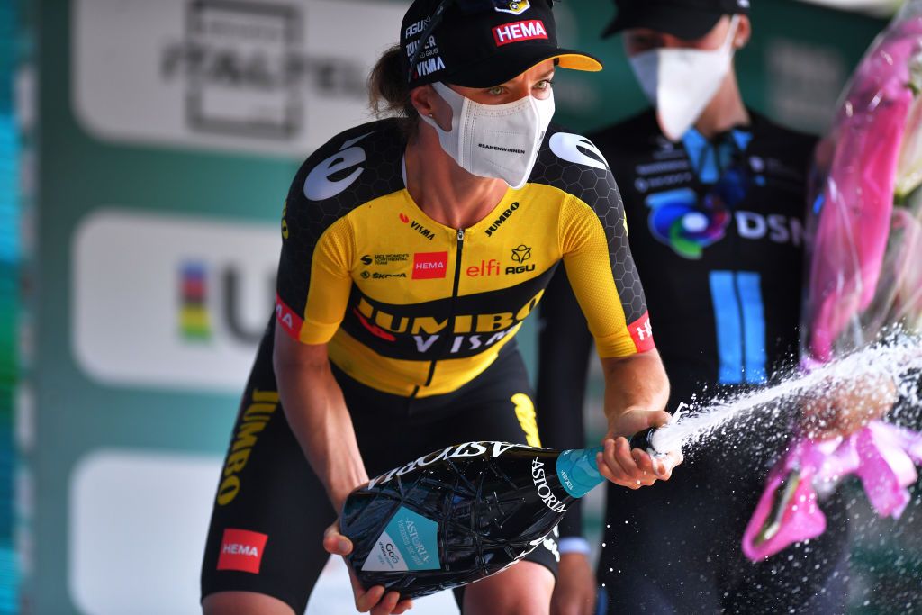 OVADA ITALY JULY 04 Marianne Vos of Netherlands and Jumbo Visma Team stage winner celebrates at podium during the 32nd Giro dItalia Internazionale Femminile 2021 Stage 3 a 135km stage from Casale Monferrato to Ovada Champagne GiroDonne UCIWWT on July 04 2021 in Ovada Italy Photo by Luc ClaessenGetty Images