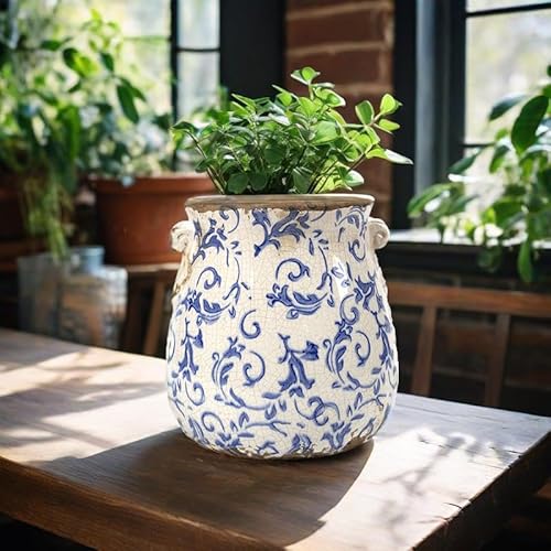 Wk Wenkrygdn Vintage Plant Pot Rustic Planter Container With Drainage Hole Ceramic Ice Crack Flower Pot Decorative Planter for Indoor and Outdoor Tuscan Decor Vase Gardening Gift (blue)