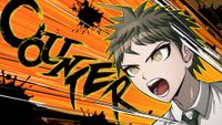A screenshot shows a Danganronpa character with yellow eyes and spiky brown hair yelling against an orange background that indicates a "counter"
