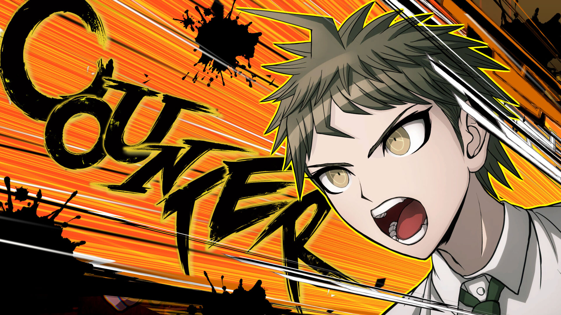 A screenshot shows a Danganronpa character with yellow eyes and spiky brown hair yelling against an orange background that indicates a "counter"