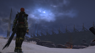 My character stands before a roiling storm in Final Fantasy 14, distant iron structures piercing the sky.