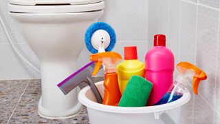 cleaning products in bucket for cleaning bathroom in front of toilet