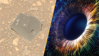 Split image of Skull Hill on Mars and an artificially stimulated retina