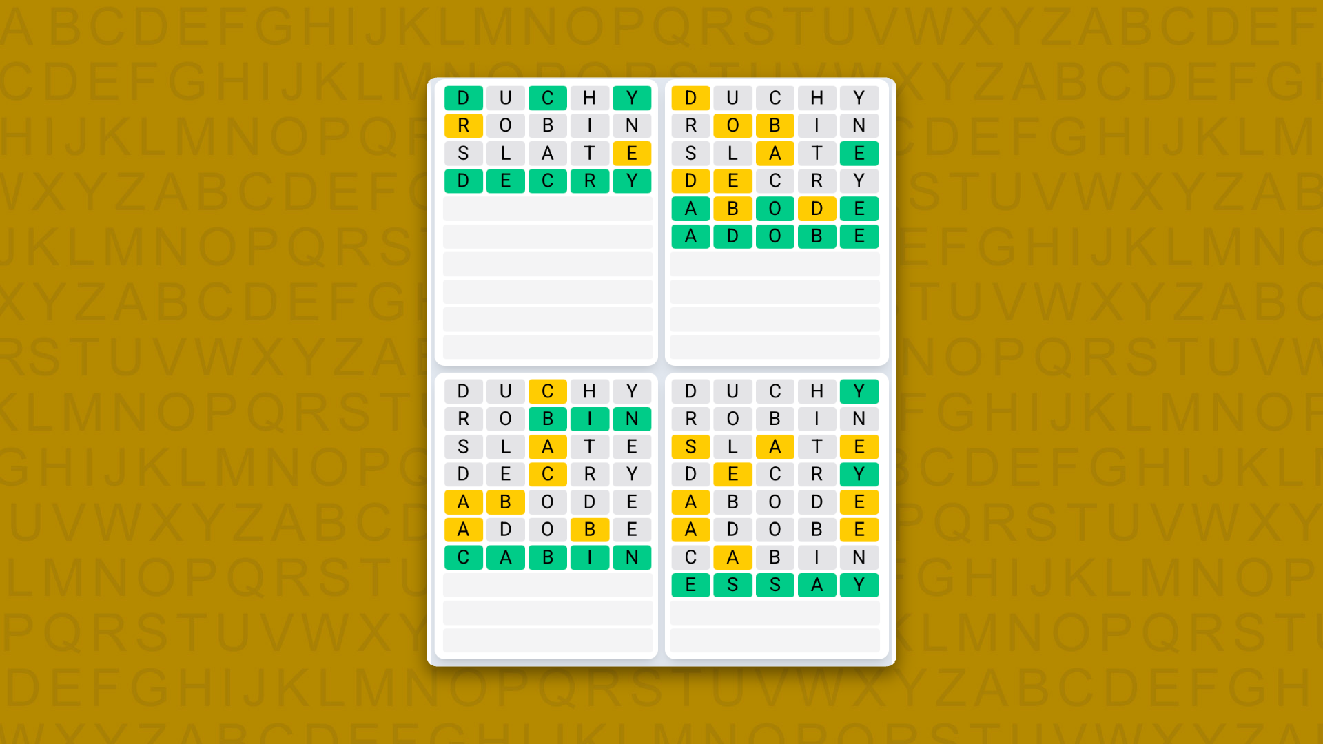 Quordle Daily Sequence answers for game 1628 on a yellow background