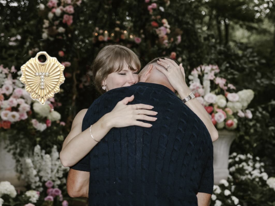 Taylor Swift and Travis Kelce embrace next to a T heart charm he purchased for her