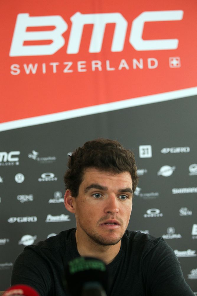 BMC's Greg Van Avermaet speaks at a press conference ahead of Sunday's Tour of Flanders.
