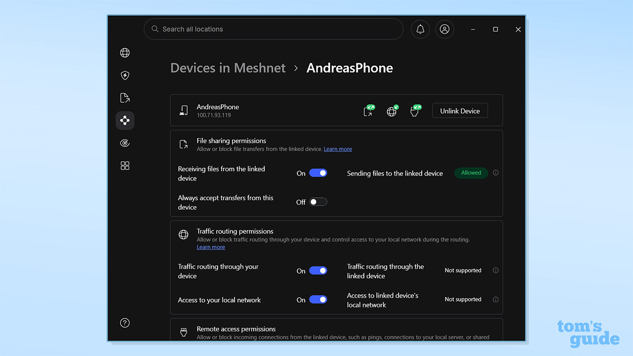 تصویر صفحه کنترل پنل Meshnet NordVPN