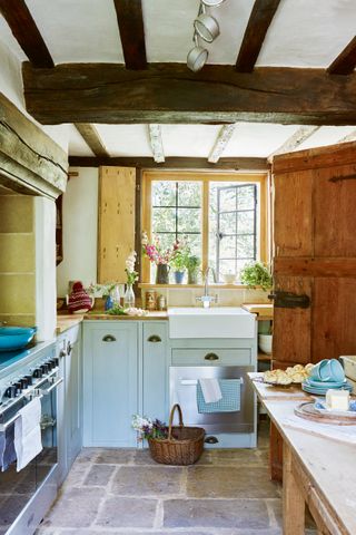 Teal kitchen in a country cottage home