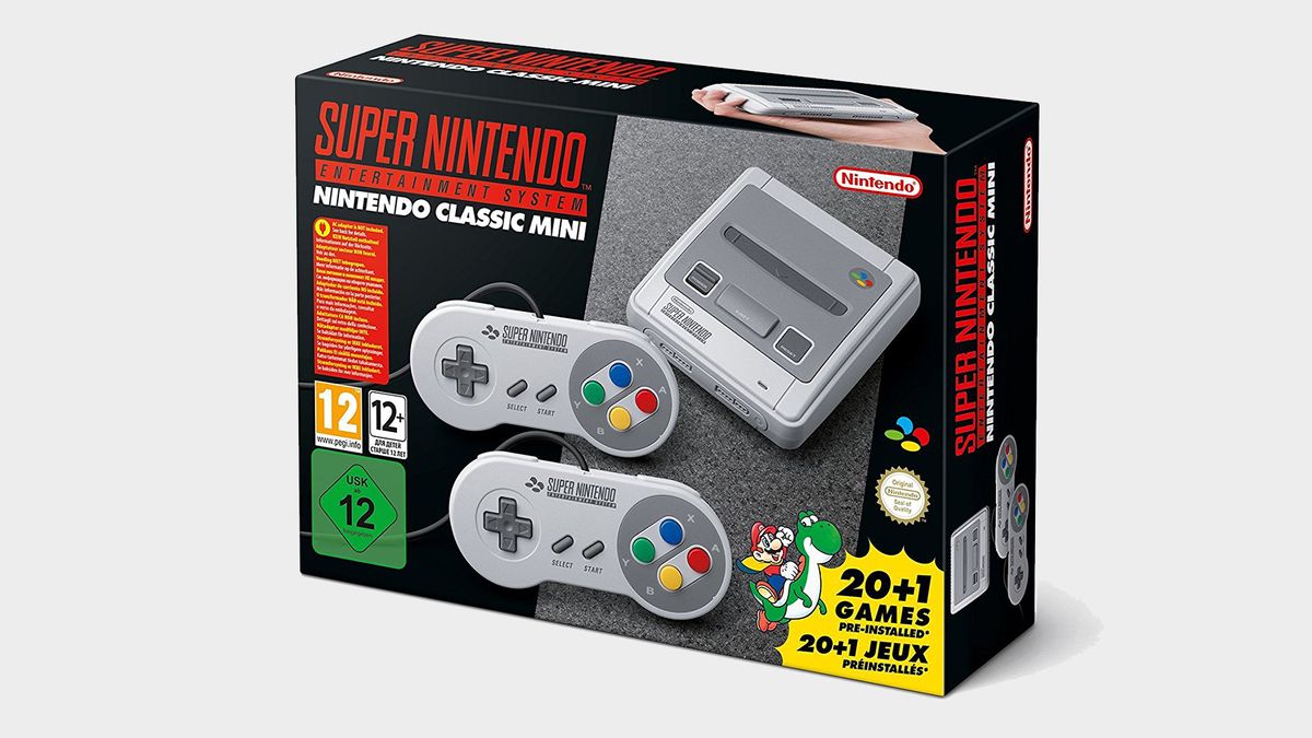 SNES mini box with grey backdrop.