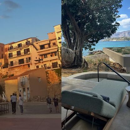 a collage of images of Crete, Greece including a sunset over Chania, the JW Marriott hotel, and a rocky beach