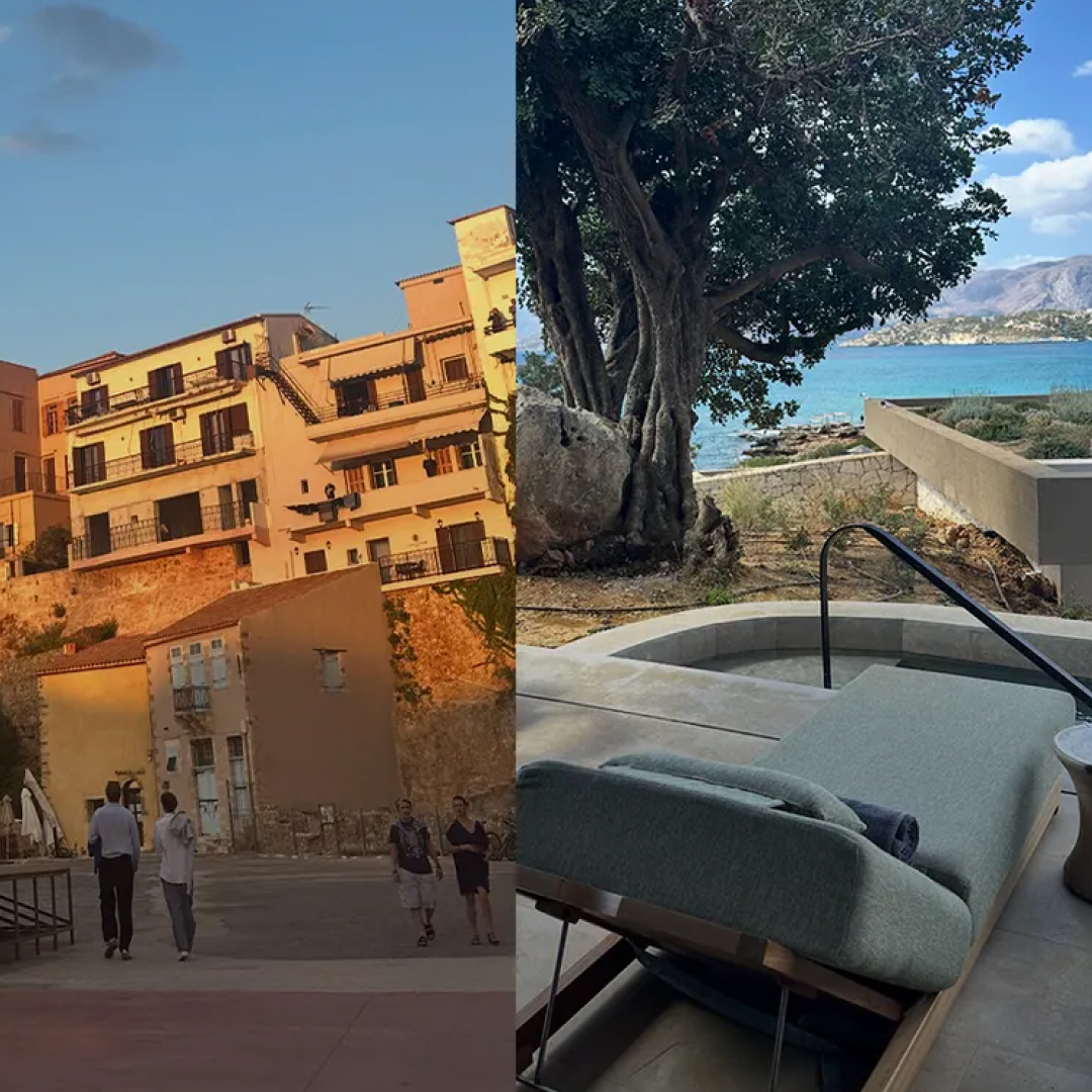 a collage of images of Crete, Greece including a sunset over Chania, the JW Marriott hotel, and a rocky beach