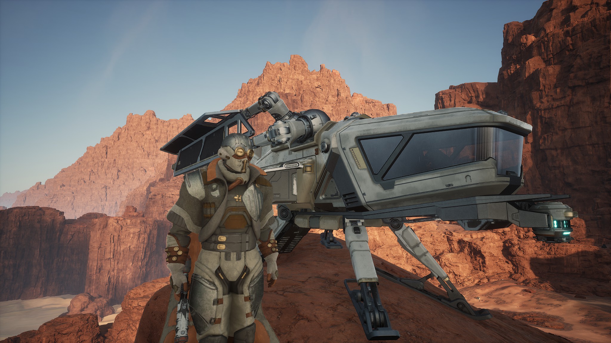 Player in armor standing near an ornithopter