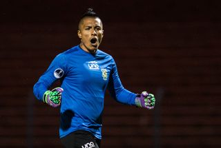 Comerciantes Unidos goalkeeper Exar Rosales celebrates after scoring against Uruguay's Boston River in the Copa Sudamericana in 2017.