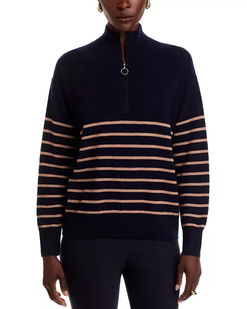 Mock Neck Quarter Zip Striped Cashmere Sweater - Exclusive