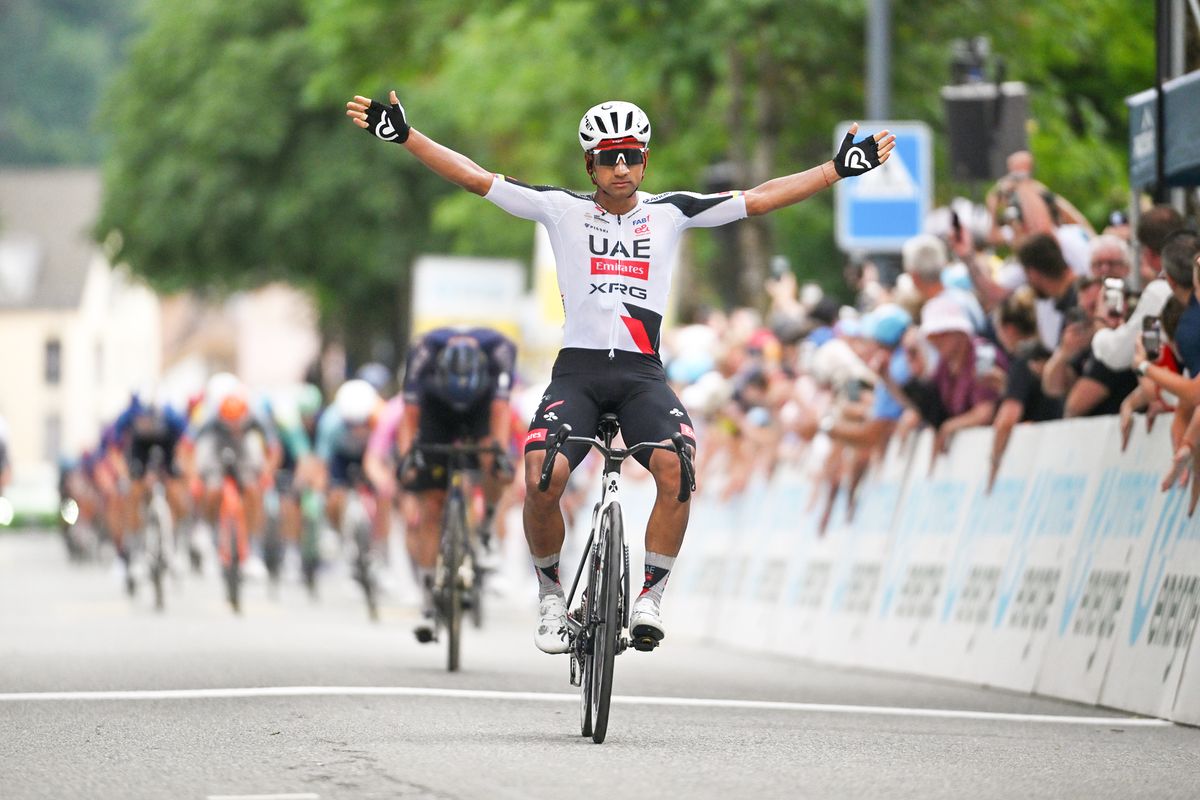 BAD RAGAZ, SWITZERLAND - JUNE 19: Jhonatan Narvaez of Ecuador and UAE Team Emirates - XRG celebrates at finish line as stage winner during the 89th Tour de Suisse 2026, Stage 3 a 157.4km stage from Bad Ragaz to Bad Ragaz / #UCIWT / on June 19, 2026 in Bad Ragaz, Switzerland. (Photo by Tim de Waele/Getty Images)