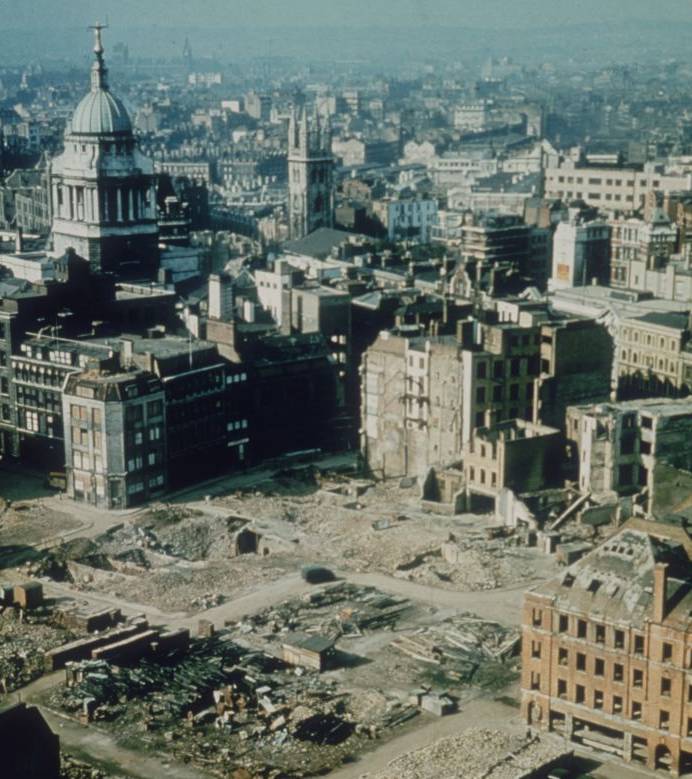 1940: Flattened buildings in the area around the Old Bailey, London, after a World War Two German bombing raid.