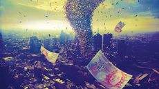 Tornado of money over cityscape 