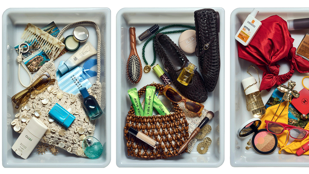 A gif featuring airport trays with beauty products and accessories inside