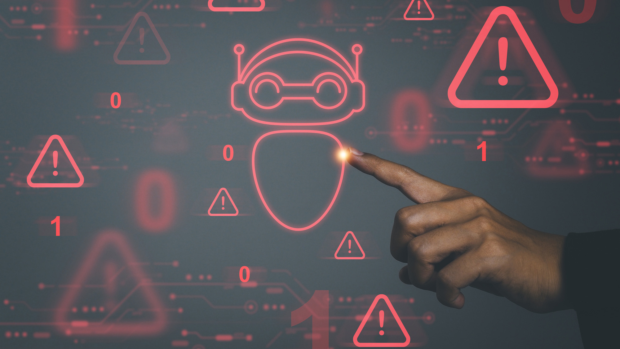 A finger pointing to a red bot with alerts