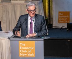 Federal Reserve Chair Jerome Powell speaking at podium at the Economic Club of New York