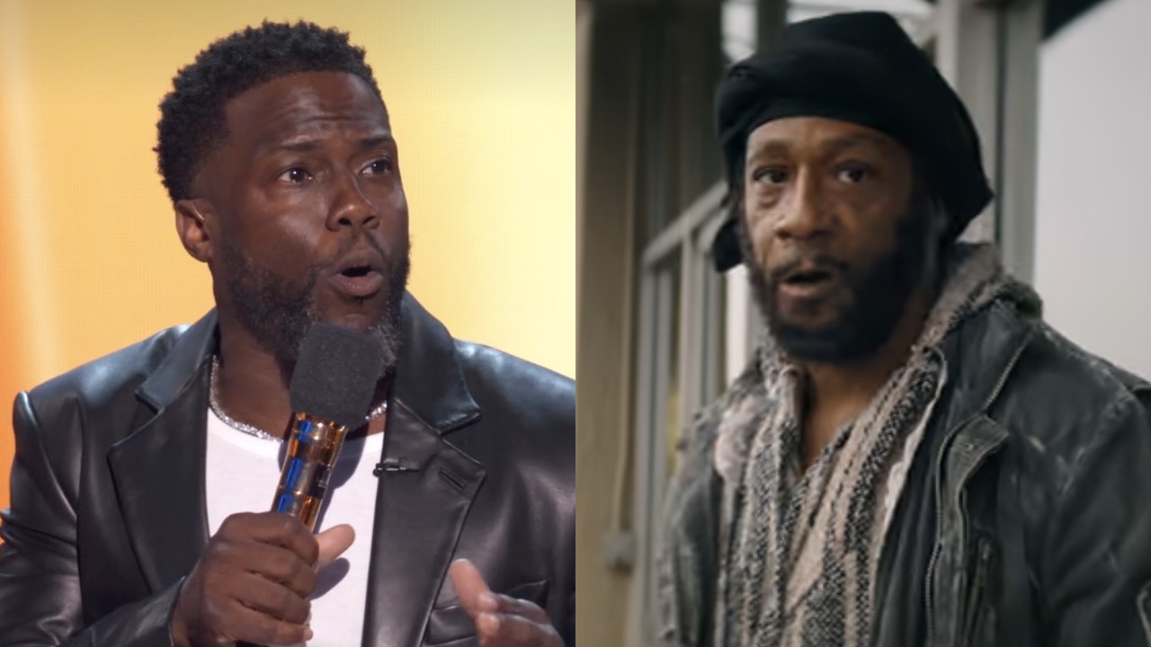 Kevin Hart speaks at The Roast of Tom Brady, while Lucky (Katt Williams) looks displeased in One of Them Days.