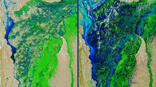 two satellite images show a region with a lake to the west and a river running at an angle to the east. The left photo shows the region prior to extreme flooding, whereas the right photo shows the lake and river overflowing into one another and the surrounding area 