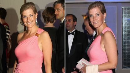 Composite of two pictures of Duchess Sophie wearing a one-shoulder pink dress at the 2012 Paralympic Ball 