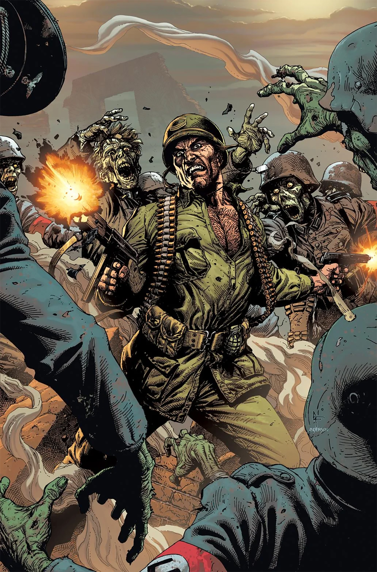 Sgt. Rock fighting against a horde of zombies