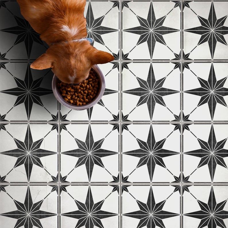 how to paint floor tiles: patterned floor tiles created using stencil by Dizzy Duck Designs UK at Etsy