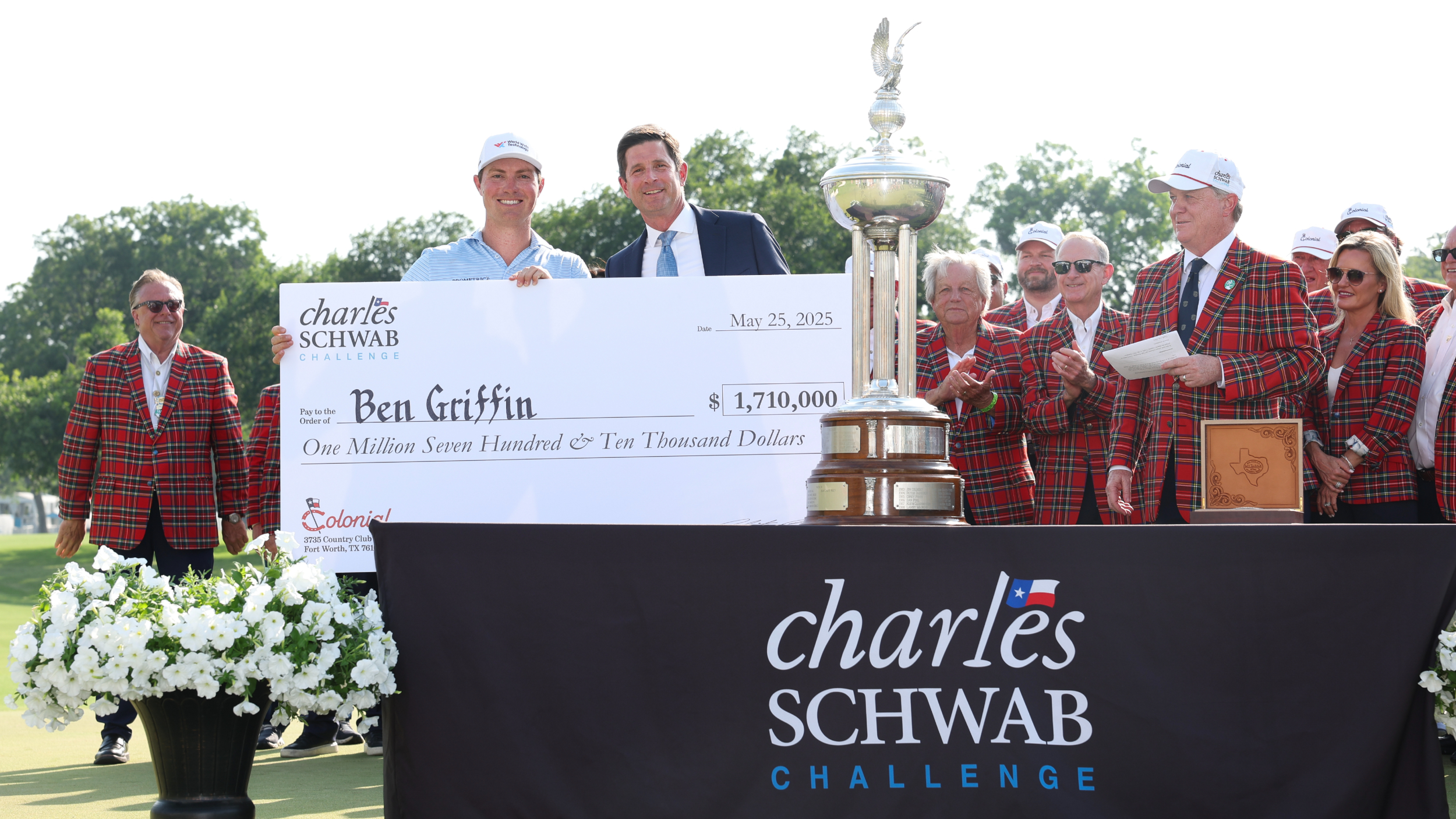 Ben Griffin with his cheque after winning the Charles Schwab Challenge