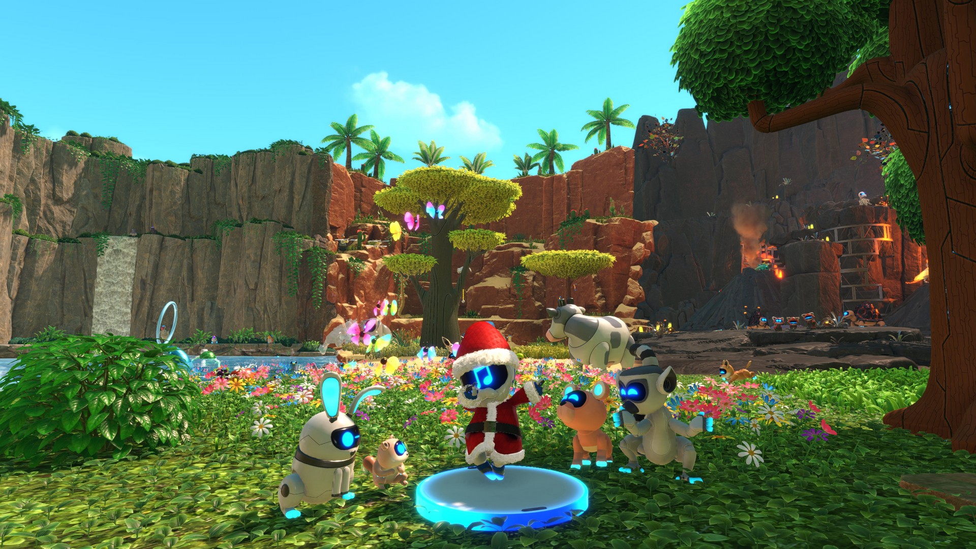 Astro dabs while dressed as santa in a lush green plain in Astro Bot