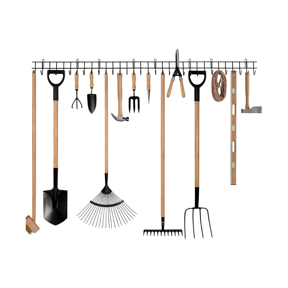 Rack with gardening tools hanging on hooks