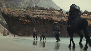 Apes on horses approaching a ruined area in Kingdom of the Planet of the Apes.