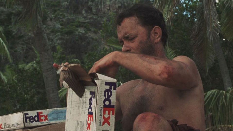 castaway still: Tom Hanks with FedEx