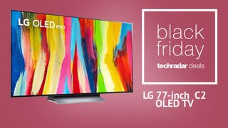 LG C2 OLED BF deal banner on rose background