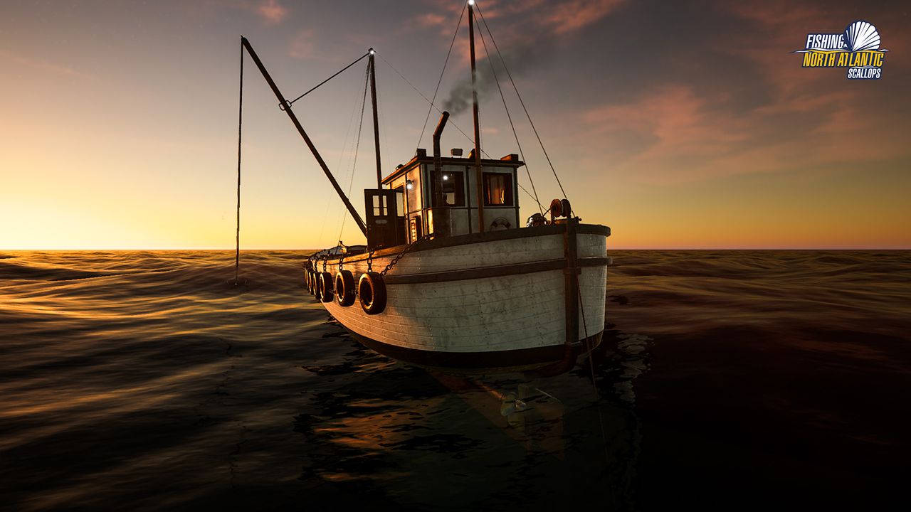 A screenshot from the game Fishing: North Atlantic's Scallops expansion. There are boats and scallops.