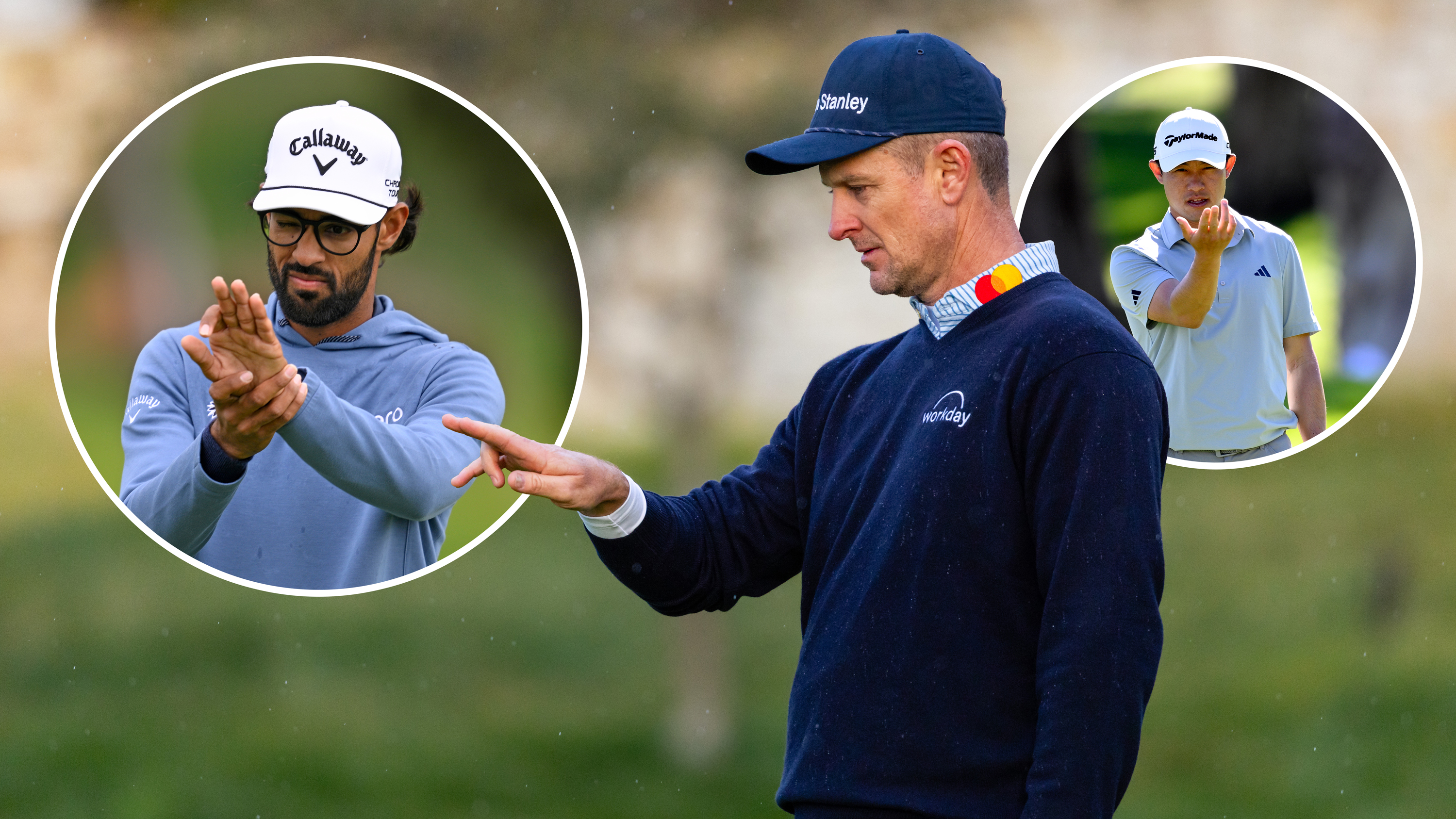 Justin Rose, Akshay Bhatia and Collin Morikawa, all winners on tour in 2026, using AimPoint to read putts at PGA Tour events