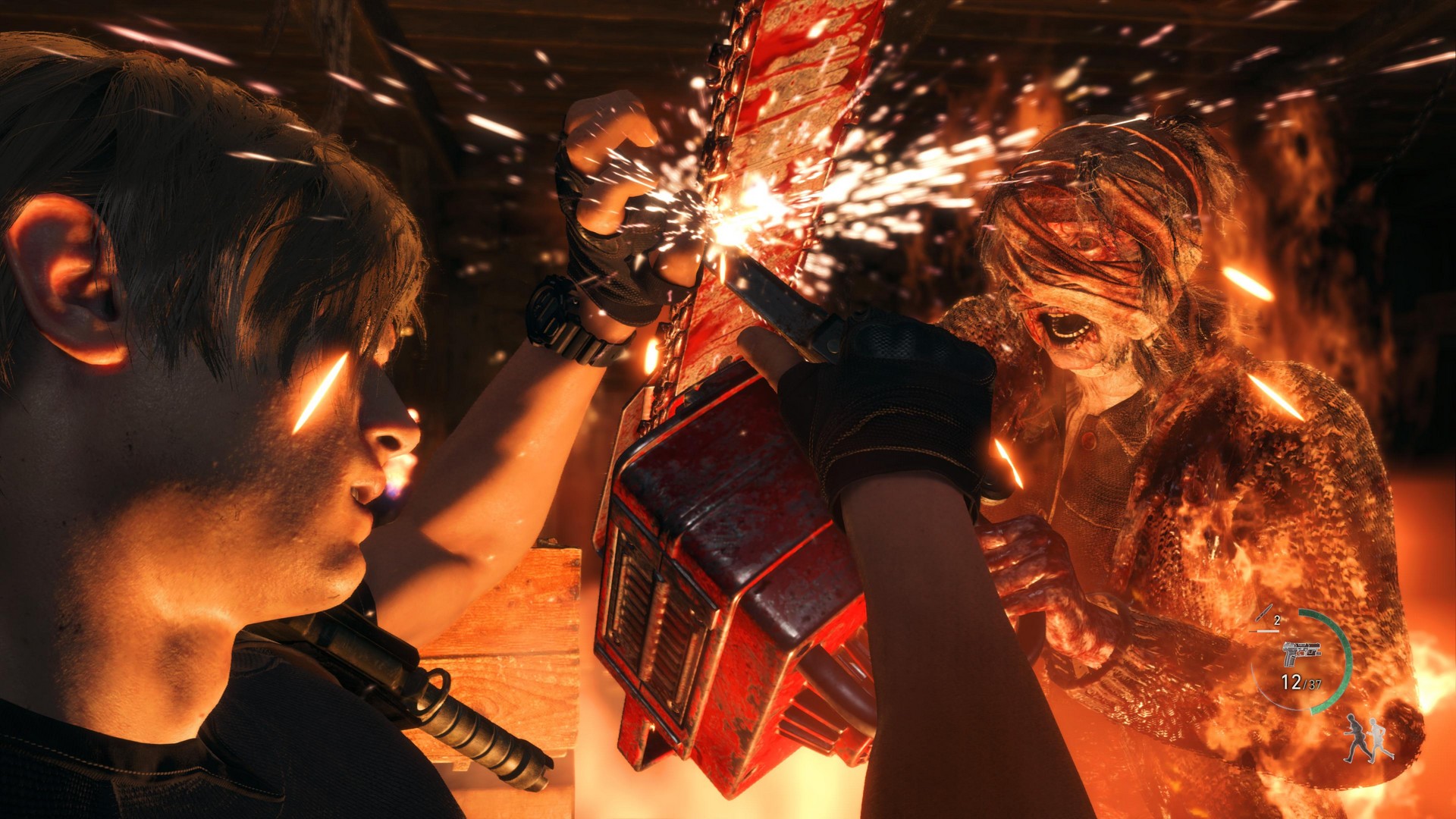 Leon Kennedy parries a chainsaw-wielding woman with a knife in Resident Evil 4 remake