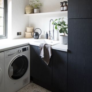 A black kitchen with a washing machine