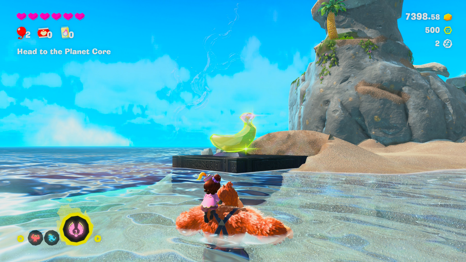 Donkey Kong and Pauline in the water looking at a Banadium Gem off in the distance in Donkey Kong Bananza
