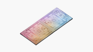 A digital render the Apple M2 Ultra silicon, showing the complex die of the chip in rainbow hues against a white background.