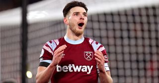 Arsenal target Declan Rice of West Ham United reacts during the Premier League match between West Ham United and Everton FC at London Stadium on January 21, 2023 in London, England.