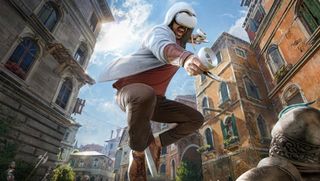 Assassin's Creed Nexus launch trailer title art - VR goggles-wearing assassin jumping at a guy in armor