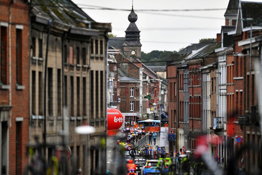BINCHE BELGIUM OCTOBER 05 A general view of the peloton compete during the 33rd Binche Chimay Binche Memorial Frank Vandenbroucke 2021 a 1986km race from Binche to Binche BincheChimayBinche on October 05 2021 in Binche Belgium Photo by Luc ClaessenGetty Images