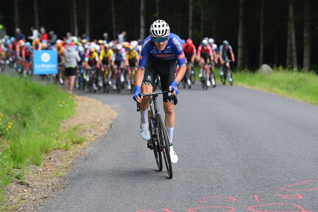 LA CHAISEDIEU FRANCE JUNE 05 Tobias Bayer of Austria and Team AlpecinDeceuninck attacks during the 75th Criterium du Dauphine 2023 Stage 2 a 1673km stage from BrassaclesMines to La ChaiseDieu 1080m UCIWT on June 05 2023 in La ChaiseDieu France Photo by Dario BelingheriGetty Images