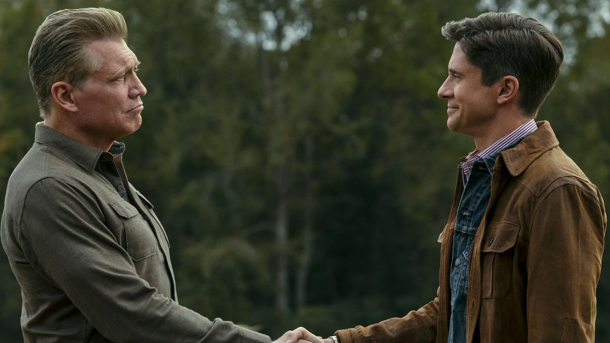 Holt McCallany as Harlan Buckley, Topher Grace as Grady in episode 104 of The Waterfront.