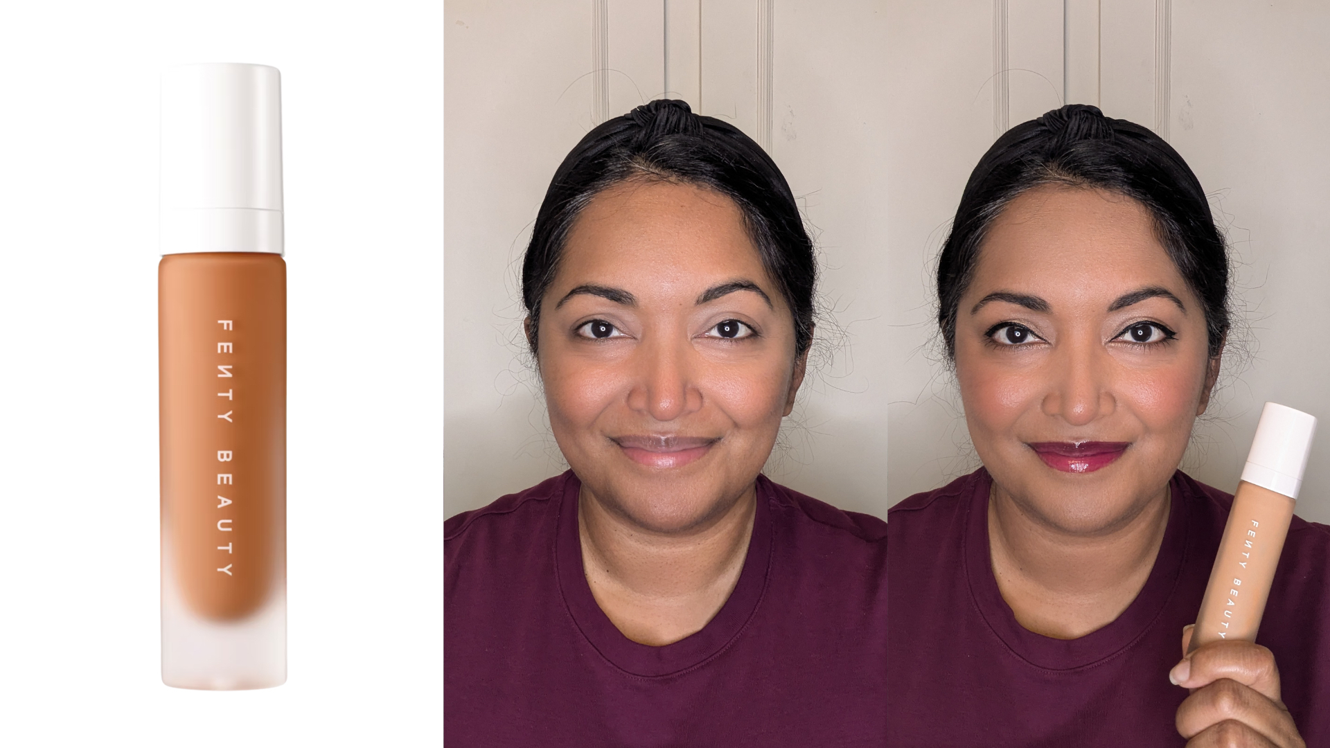 Collage of the Fenty Beauty Pro Filt'r Foundation (left) and Ayesha before and after applying the foundation (centre and right)