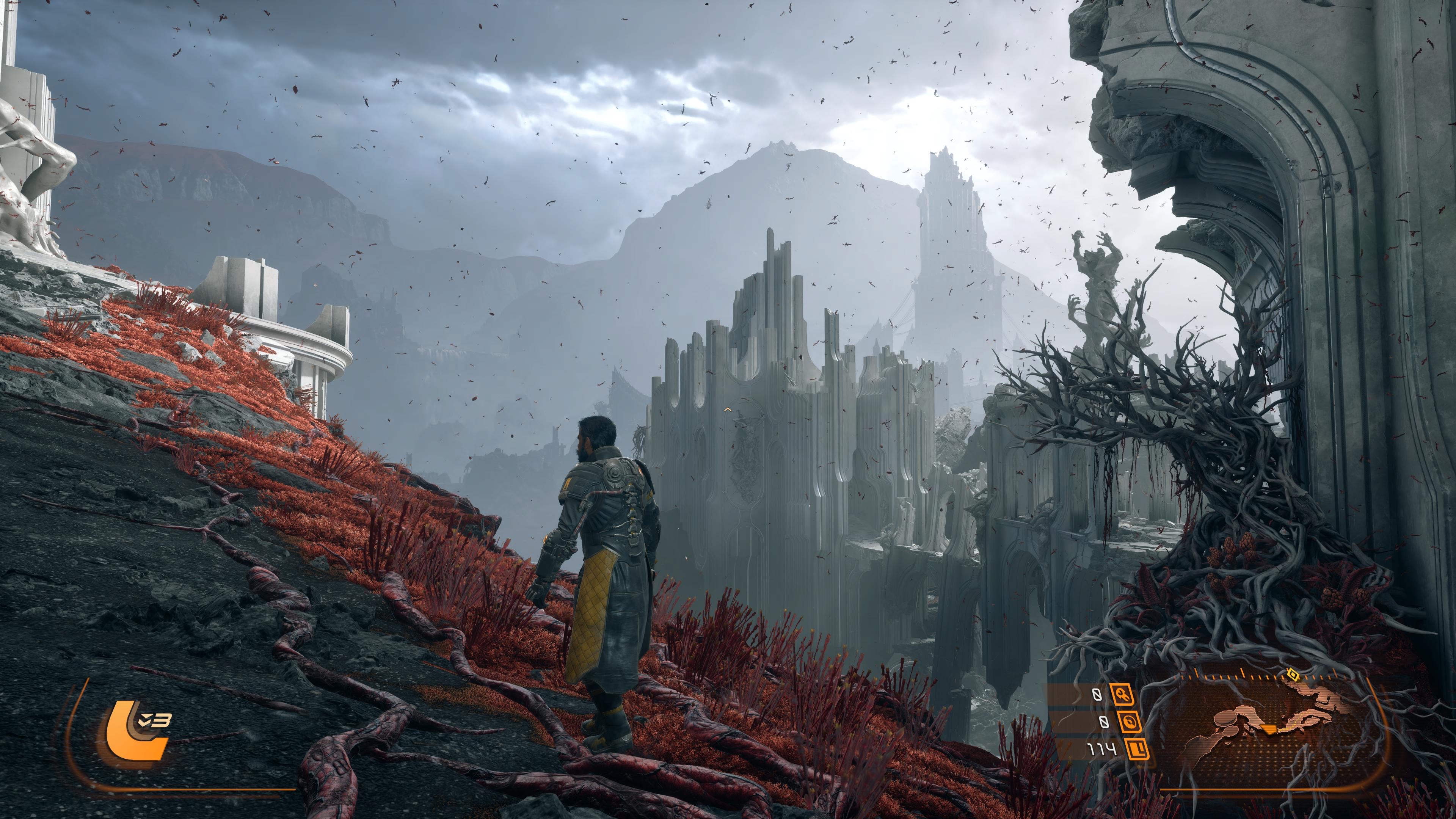 Screens from PS5 game Saros showing patterns of bright lights