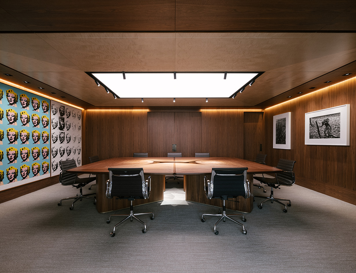 Hong Kong brutalist inspired office by Brewin timber clad meeting room