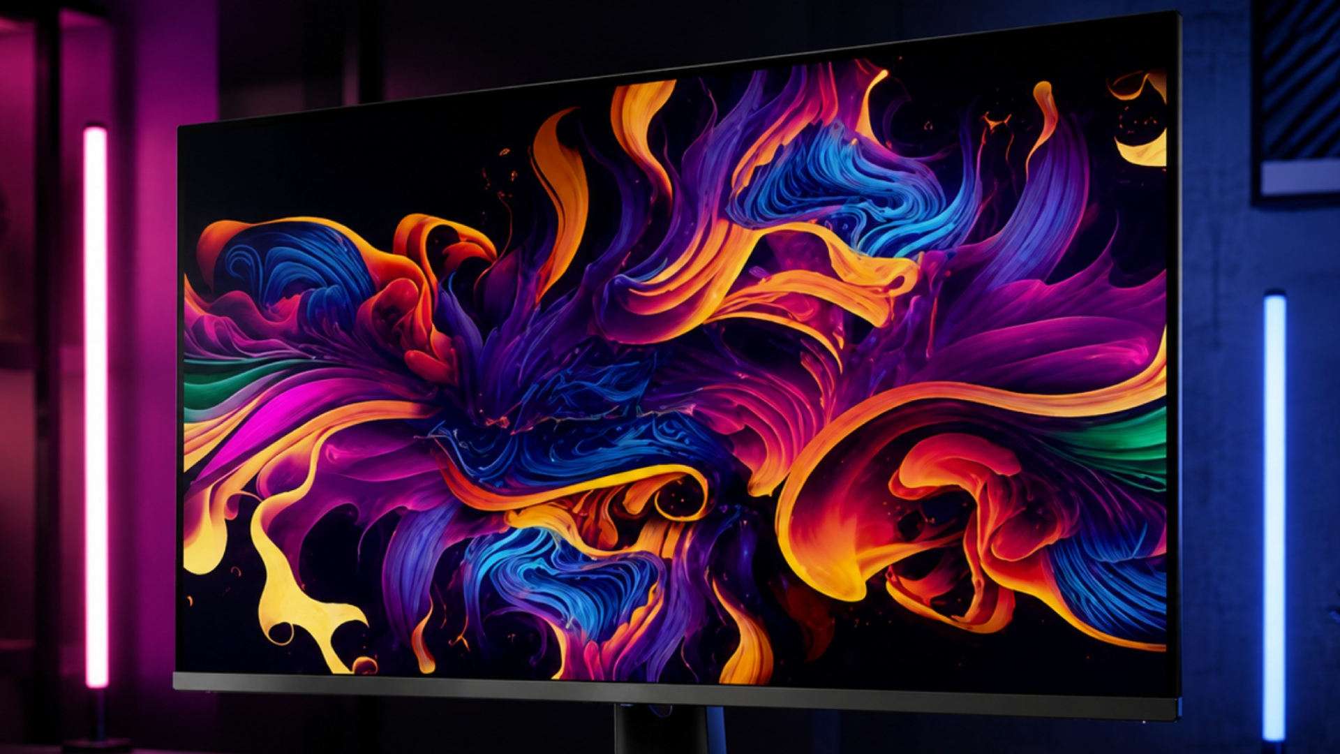 The upcoming MSI MPG OLED 322URDX36 gaming monitor lit by vertical lights